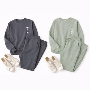 King & Queen Matching Couple Sweatsuit. His and Hers Sweatshirt Jogger Set in Pigment black and Sage color.