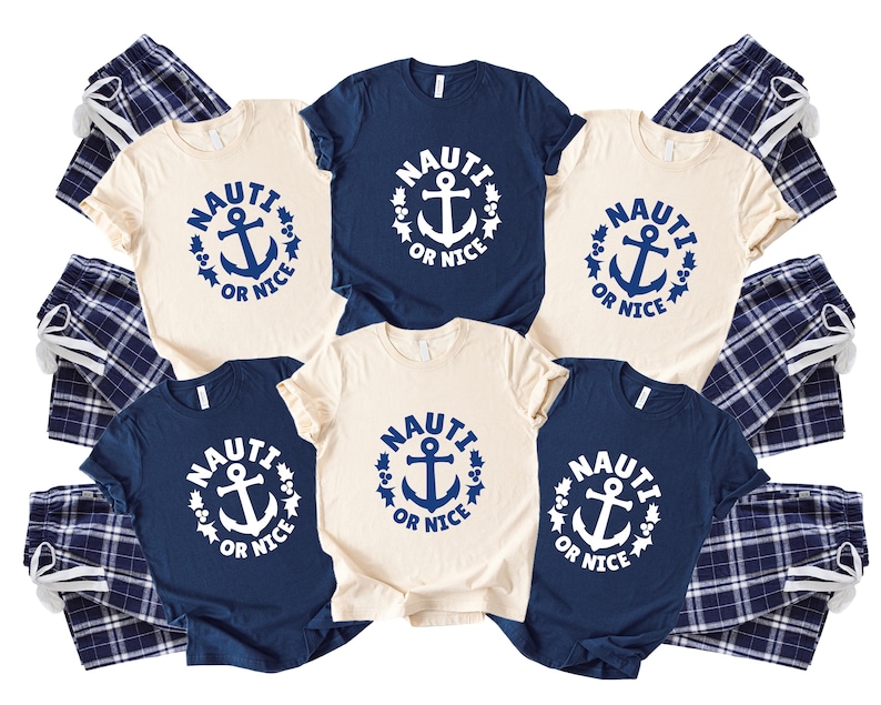 Nauty or Nice Matching Pajamas. Christmas Cruise ship pajamas. Shirts & Plaid Pants. Nautical Wedding pjs. Beach Honeymoon. NS25 image 1