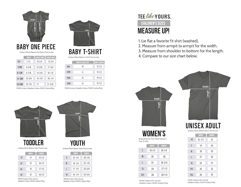 May include: A size chart for various t-shirt styles, including baby onesies, baby t-shirts, toddler, youth, women's, and unisex adult sizes. The chart provides measurements for width and length in inches, along with instructions on how to measure a shirt.