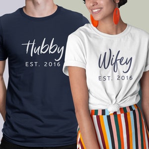 Wifey & Hubby Couple Matching Honeymoon Shirts. Vow renewal. Husband Wife Anniversary/ Wedding Custom Gift. Relationship Announcement