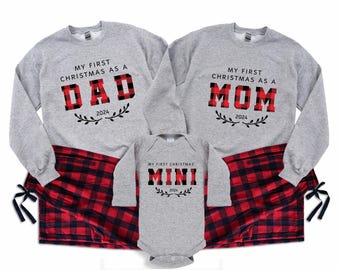 First Christmas as Mom Dad and Mini. Matching Christmas new Family Outfit, New Parents gift, New Daddy Mommy and Baby sweatshirt GG - R/B