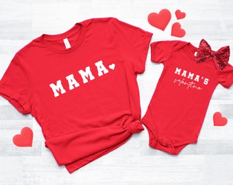 Camisetas de San Valentín para mamá e hija. Camisetas para mamá e hija para el Día de San Valentín, conjunto para mamá y bebé, conjunto a juego para mamá y niña. Regalo para mamá primeriza / Lazo rojo