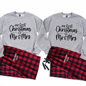 Our First Christmas as Mr. & Mrs. - Couples Christmas Pajamas, Matching Christmas pajamas, Newlywed Christmas Gift, Mr. and Mrs. pajamas R/B