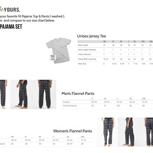 Op de afbeelding: Een maattabel voor volwassen pyjama's met een grijs jersey shirt en een geruite flanellen broek. De tabel bevat de maten voor de borst, nek, binnenbeenlengte en taille in inches.