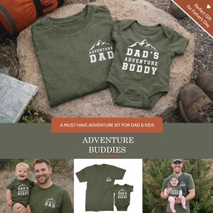 May include: Olive green t-shirt and baby bodysuit set. The t-shirt has "ADVENTURE DAD" printed on the front, and the bodysuit says "DAD'S ADVENTURE BUDDY". The set is part of an "ADVENTURE BUDDIES" collection, perfect for Father's Day.