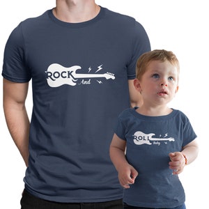 Father, Son, Daughter and Baby Matching Family T-shirts. ROCK'N ROLL BABY. Daddy Rocks and his Baby Rolls. Father's Day Guitar Music Gift.