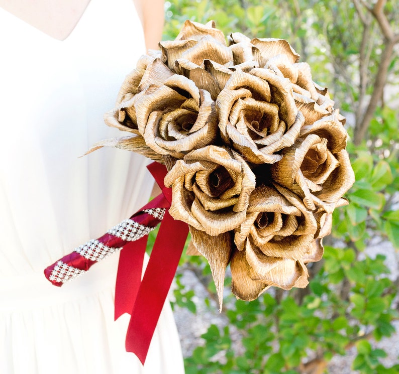 Handmade Gold Rose bouquet crepe paper flower wedding Etsy