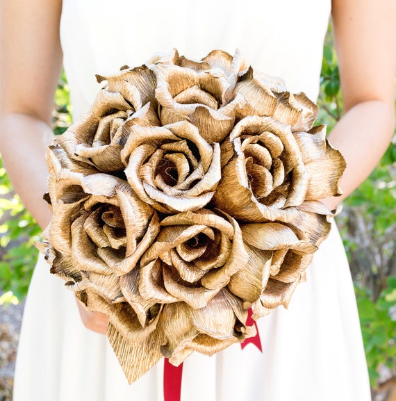 handmade gold rose bouquet crepe paper flower wedding bouquet bridesmaid bouquet decoration summer spring bridal bouquet paper flowers etsy paper flower bouquet