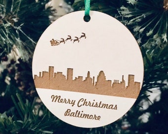 Christbaumschmuck, Laser graviert, Ornament, Holz Ornament, personalisierte Ornament, Weihnachtsgeschenk, Baltimore City Skyline Ornament