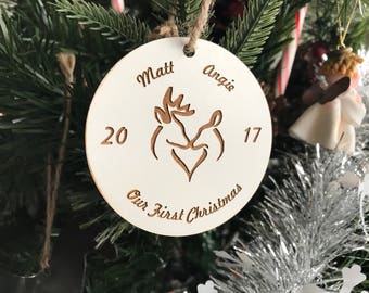 Christbaumschmuck, Lasergravierter Christbaumschmuck, Holzschmuck, personalisierter Christbaumschmuck, Weihnachtsgeschenk, Bock und Hirsch graviert