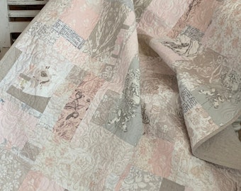 Improv Patchwork Throw Quilt Blush Pink Beige Grey Natural Cream Ivory Shabby Roses Silver Angel Toile Flax Linen Cotton Ready to Ship