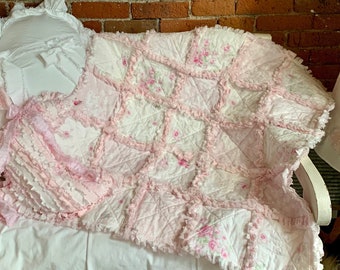Cabbage Roses Faded and Light Pink and White Shabby Rag Baby Quilt Ready to Ship