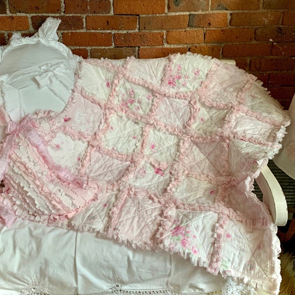 Cabbage Roses Faded and Light Pink and White Shabby Rag Baby Quilt Ready to Ship