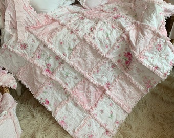 Cottage Roses Pink and White Shabby Rag Baby Crib or Lap Quilt Ready to Ship