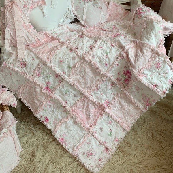 Cottage Roses Pink and White Shabby Rag Baby Crib or Lap Quilt Ready to Ship