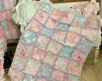 Sweet Pastel Patchwork Rag Crib Quilt  Pink Blue Lilac Lavender Orchid Periwinkle