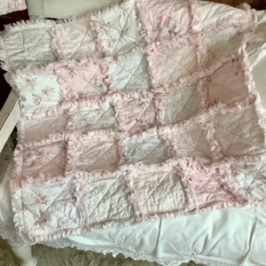 Sweet Pale Pink and Soft Gray Baby Rag Quilt Woodland Roses and Lace Print All Cotton image 8