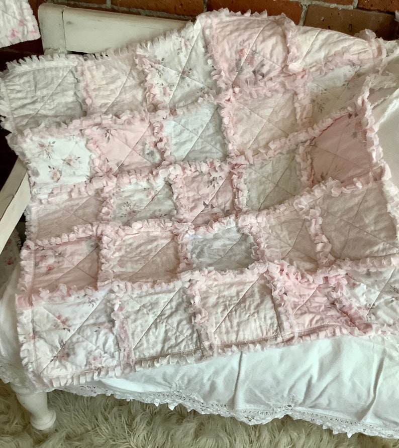 Sweet Pale Pink and Soft Gray Baby Rag Quilt Woodland Roses and Lace Print All Cotton image 8