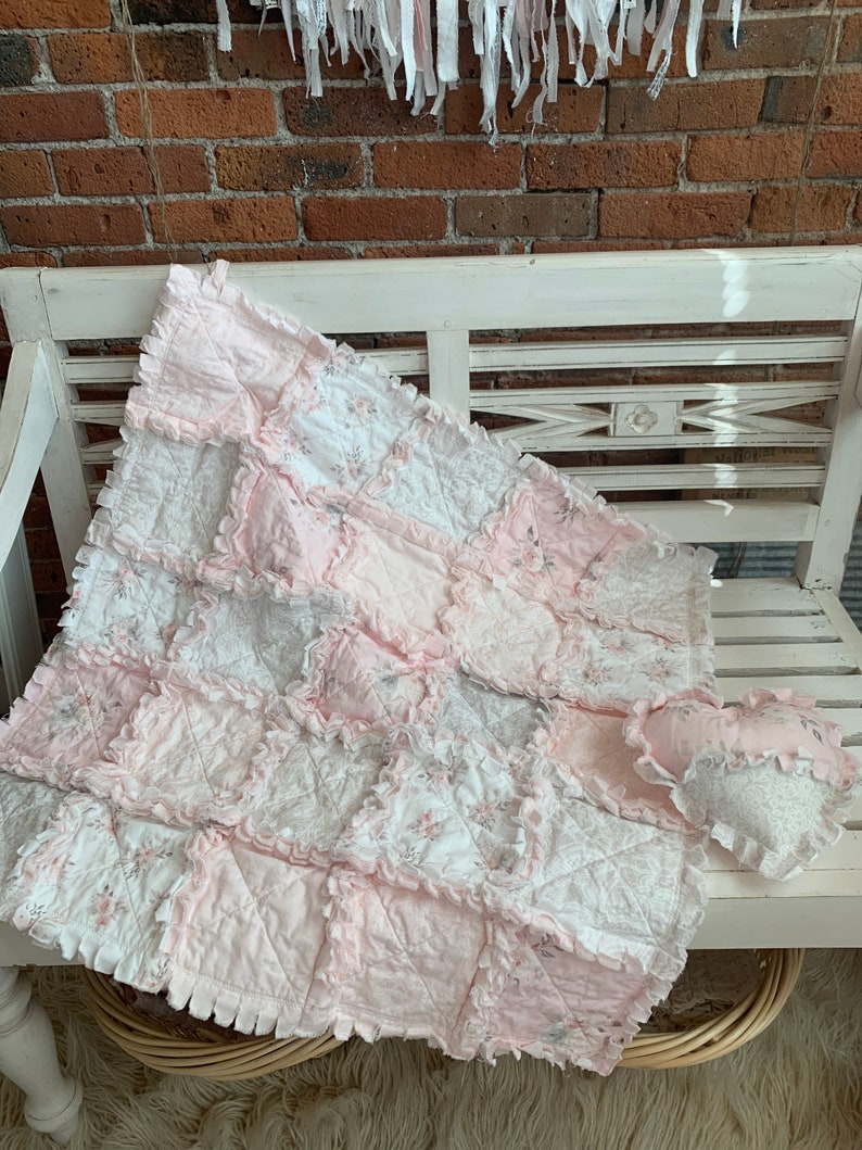 Sweet Pale Pink and Soft Gray Baby Rag Quilt Woodland Roses and Lace Print All Cotton image 4