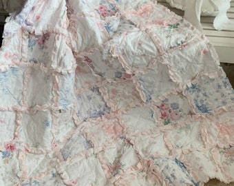 Faded Shabby Roses Rag Throw Quilt Pink Blue White Cotton