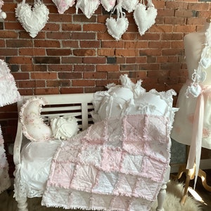Sweet Pale Pink and Soft Gray Baby Rag Quilt Woodland Roses and Lace Print All Cotton image 2
