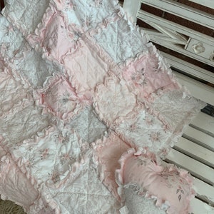 Sweet Pale Pink and Soft Gray Baby Rag Quilt Woodland Roses and Lace Print All Cotton image 6