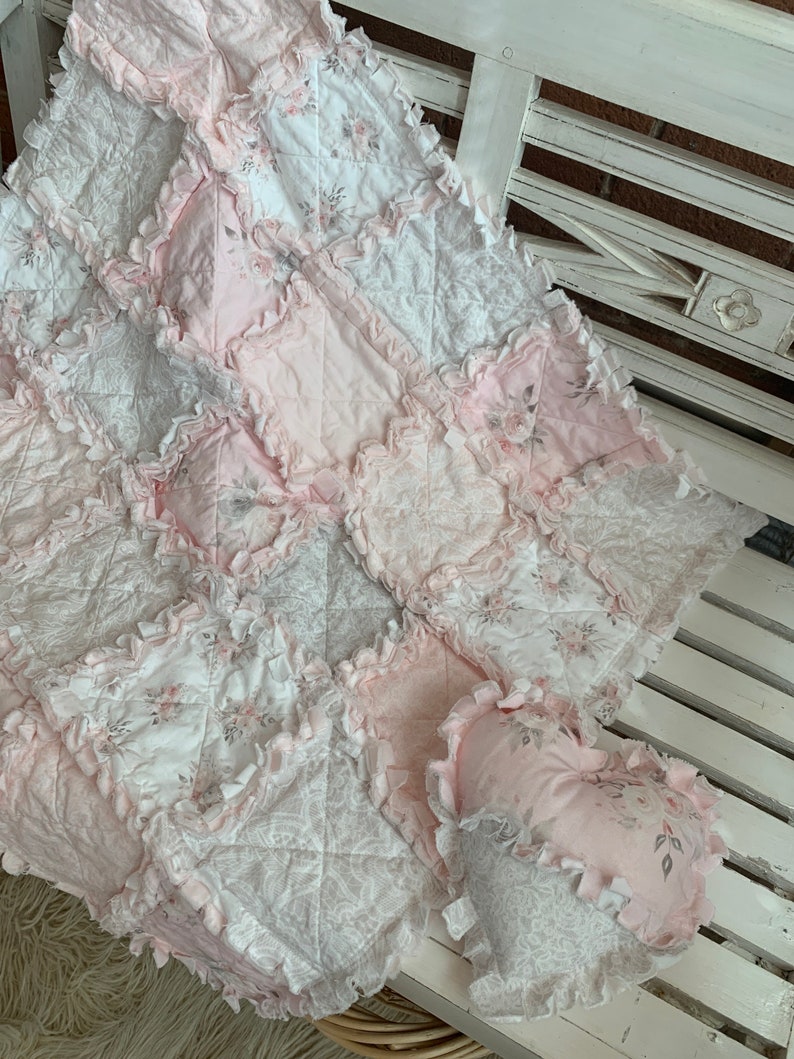 Sweet Pale Pink and Soft Gray Baby Rag Quilt Woodland Roses and Lace Print All Cotton image 6