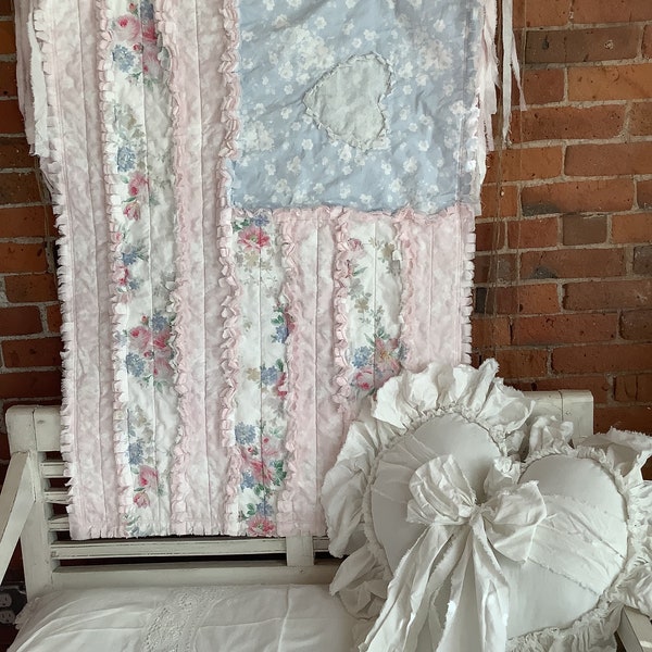 Pale  Faded Cabbage Roses Blue Pink and White Patchwork Rag Quilt Baby Crib Lap