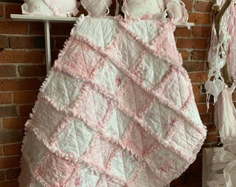 Shabby Cottage Roses Light Pink and White  Rag Baby Small Crib or Lap Quilt Ready to Ship