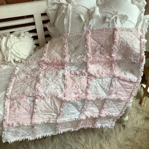Sweet Pale Pink and Soft Gray Baby Rag Quilt Woodland Roses and Lace Print All Cotton image 1