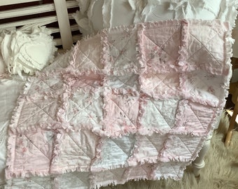Sweet Pale Pink and Soft Gray Baby Rag Quilt Woodland Roses and Lace Print All Cotton