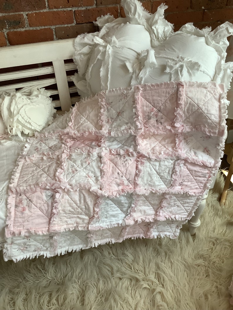 Sweet Pale Pink and Soft Gray Baby Rag Quilt Woodland Roses and Lace Print All Cotton image 1