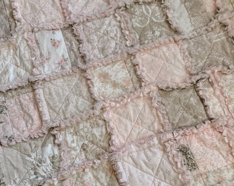 Vintage Inspired Shabby Rag Patchwork Soft Pale Pink  Ecru Creamy Mocha Latte Tones Heather Cotton Throw Quilt One of a Kind