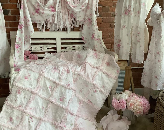 Shabby Rags Faded Cottage Roses Pink and White Shabby Rag Baby Crib or Lap ...