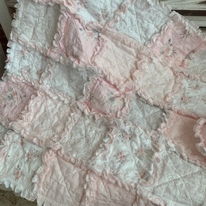 Sweet Pale Pink and Soft Gray Baby Rag Quilt Woodland Roses and Lace Print All Cotton image 5