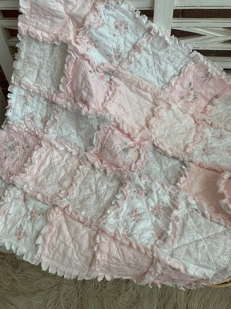 Sweet Pale Pink and Soft Gray Baby Rag Quilt Woodland Roses and Lace Print All Cotton image 5