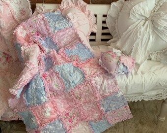 Sweet Pastel Patchwork Rag Baby Crib Quilt  Pink Blue Lilac Lavender Orchid Periwinkle