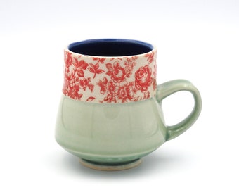 Coffee Cup - Ceramic, Handmade Pottery, Handmade Mug, Mint, Cherry Red, Floral