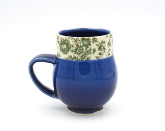 Coffee Cup - Ceramic, Handmade Pottery, Handmade Mug, Royal Blue, Green Floral