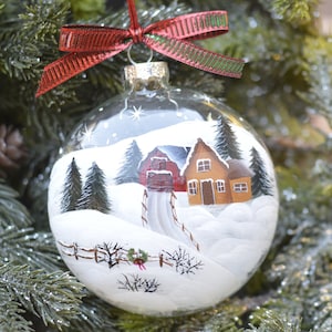 Hand Painted Glass Snow Scene Ornament, Personalized Glass Ornament, Snow Scene