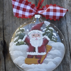 Hand Painted Santa Sledding Glass Ornament, Hand Painted Personalized Ornament, Santa Ornament, Personalized Gift, Christmas Gift