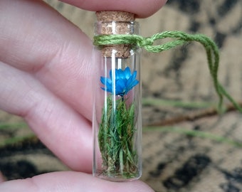 Blue FLOWER BOTTLE NECKLACE, adjustable, dried flower bottle necklace, adjustable cord