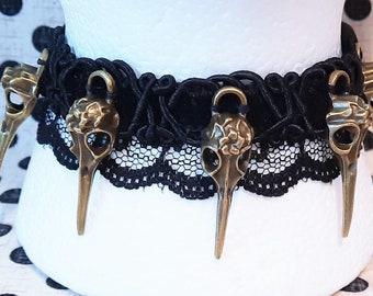 BIRD SKULL CHOKER, adjustable, steampunk choker, bird skull jewelry, skull choker, black lace choker, adjustable choker, cottagecore