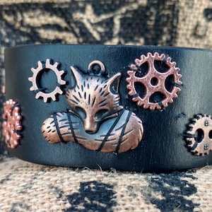 Steampunk Fox Leather Cuff Bracelet: Adjustable Upcycled Jewelry