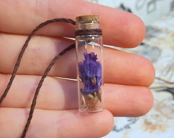 PURPLE STATICE NECKLACE,  dried flower bottle necklace, dried moss, dried flowers in bottles, adjustable cord, statice jewelry