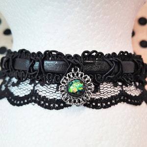 GREEN JEWEL CHOKER necklace, green jewel necklace, green choker, green pendant necklace, black lace choker, adjustable choker, cottagecore
