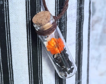 ORANGE FLOWER NECKLACE, adjustable, dried flower, dried lichen, bottle necklace, mini bottle necklace, adjustable cord