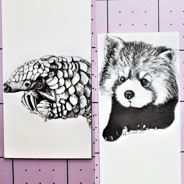 PANGOLIN & RED PANDA, bookmark set, pangolin bookmark, pangolin art, pangolin drawing, red panda art, red panda drawing, red panda bookmark