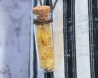 YELLOW SEED FLUFF necklace, adjustable, dried flower bottle necklace, dried seeds, dried flowers in bottles, adjustable cord, reindeer moss