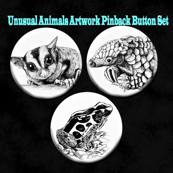 RARE ANIMALS PINS, pinback button set, sugar glider pin, pangolin pin, dart frog pin, sugar glider, pangolin, dart frog, artwork pins